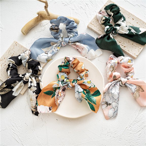 Jiaroswwei Smooth Satin Fabric Bow Flower Print Hair Tie Hair Band for Daily Wear