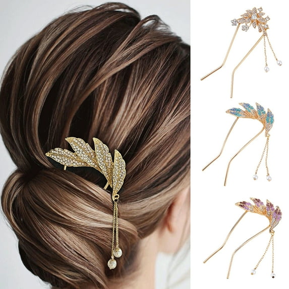 Jiaroswwei U-shaped Faux Pearls Tassel Hair Fork Gift Women Elegant Leaf Rhinestone Hair Stick Hair Accessories