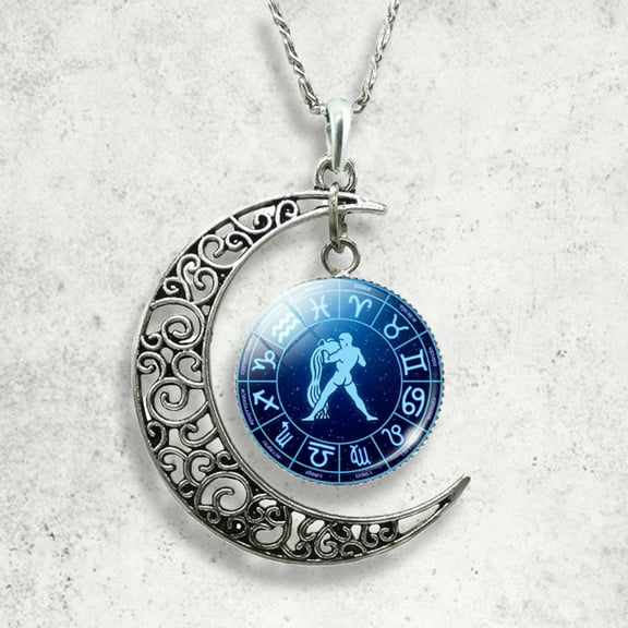 Jiaroswwei Unisex Faux Gem 12 Constellations Hollow Crescent Moon Chain Necklace Jewelry Gift for Party