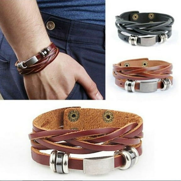 Jiaroswwei Vintage Men's Women's Faux Leather Multilayer Bracelet Bangle Wristband Jewelry