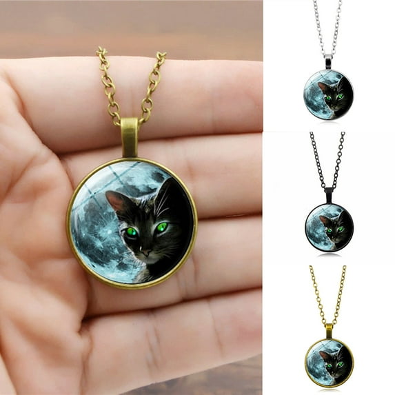 Jiaroswwei Vintage Women Jewelry Cat Pattern Faux Cabochon Pendant Sweater Chain Necklace