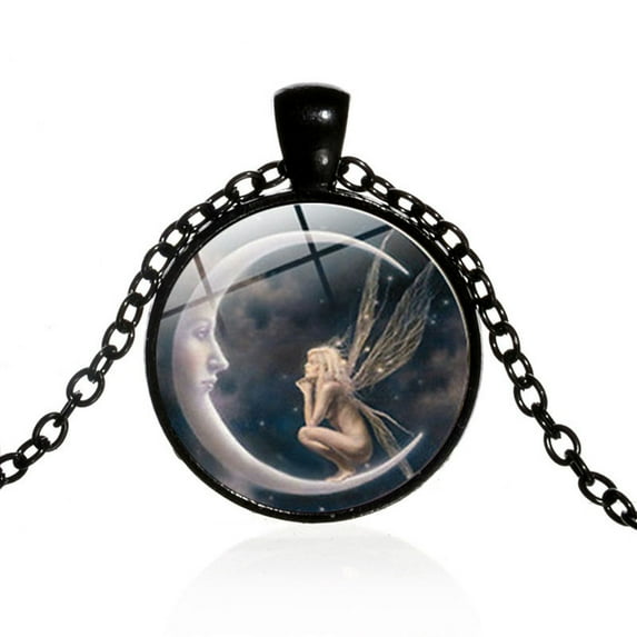 Jiaroswwei Vintage Women Moon Angel Cabochon Glass Pendant Sweater Chain Necklace Jewelry