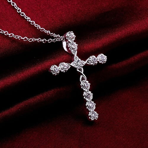 Jiaroswwei Women 925 Sterling Silver Plated Cross Zircon Pendant Necklace Chain Jewelry