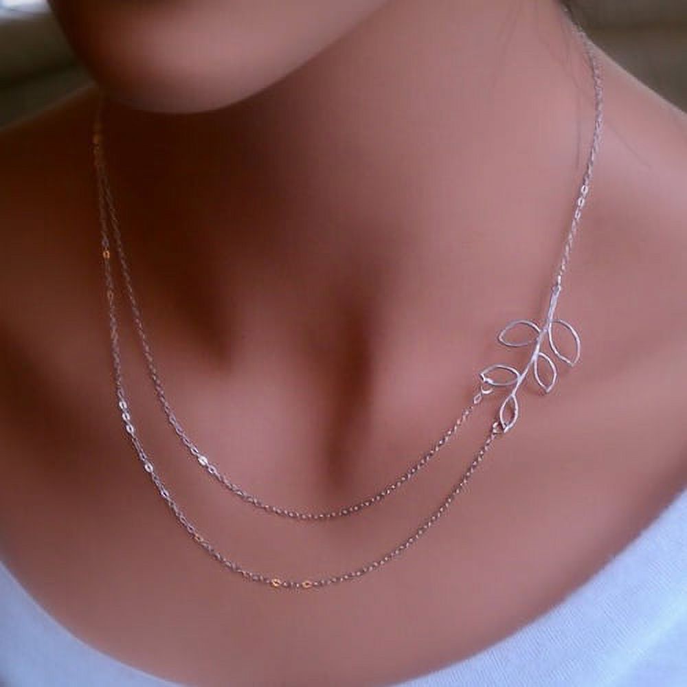 Jiaroswwei Women Boho Fashion Double Layered Chain Branch Leaf Charm Silver Plated Necklace