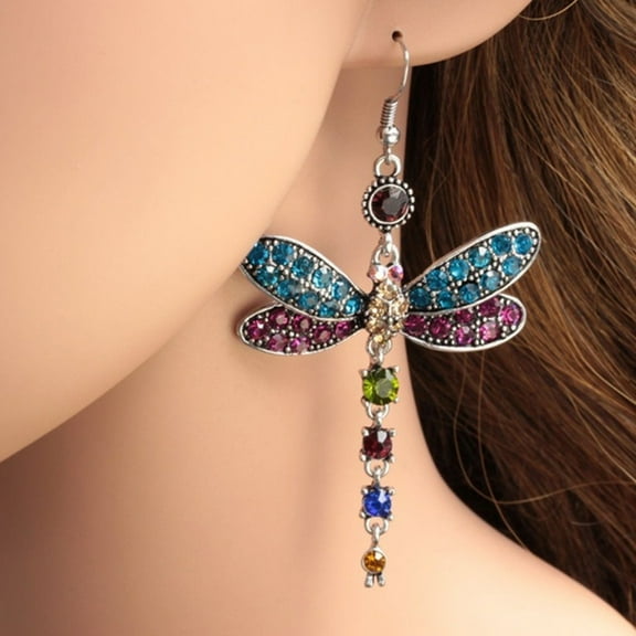 Jiaroswwei Women Dragonfly Shape Dangle Rhinestone Hook Statement Earrings Jewelry Gift