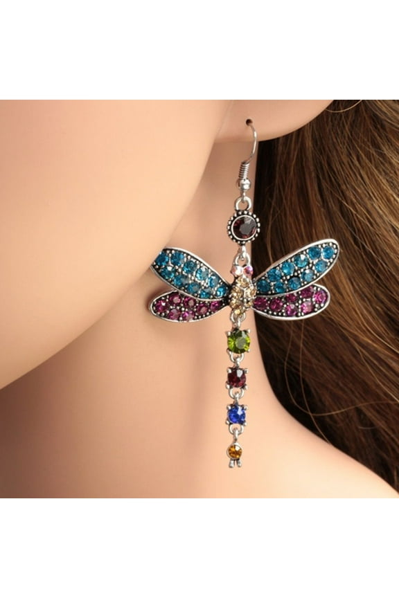 Women Dragonfly Shape Dangle Rhinestone Hook Statement Earrings Jewelry Gift
