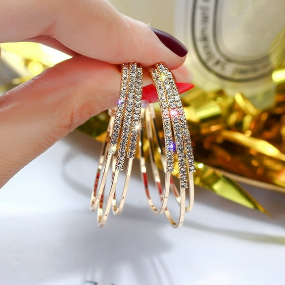 Jiaroswwei Women Exquisite Rhinestone Hoop Earrings Triple Layer Circle Piercing Jewelry