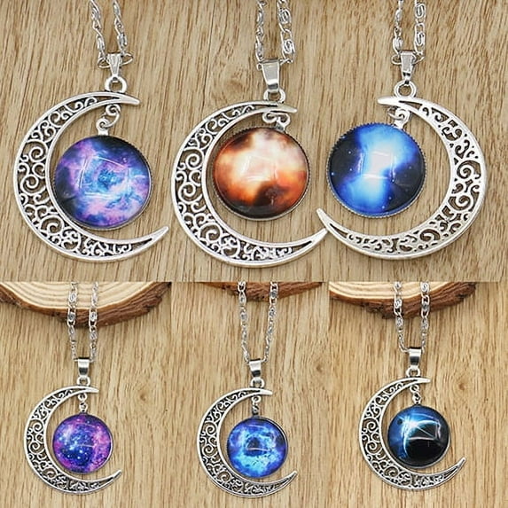 Jiaroswwei Women Fashion Galactic Glass Alloy Chain Crescent Moon Pendant Necklace