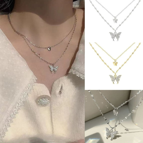 Jiaroswwei Women Necklace Double Layers Butterfly Shape Rhinestone Portable Lady Pendant for Gift