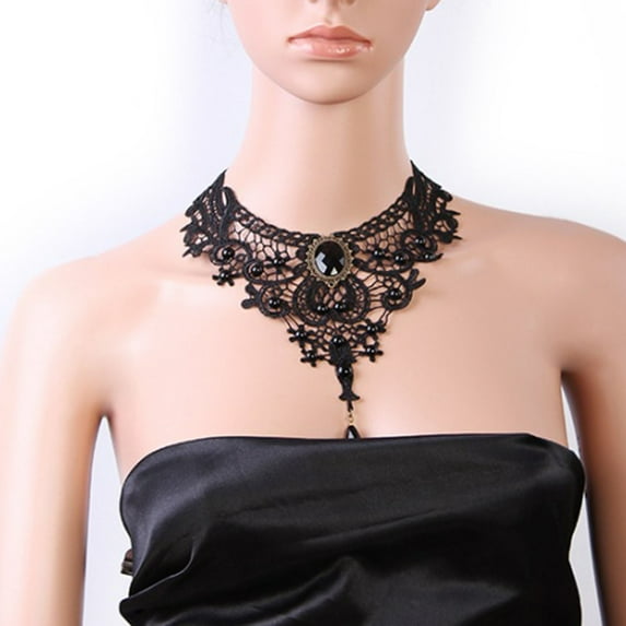 Jiaroswwei Women Necklace Lace Beads Black Hollow Out Adjustable Choker Necklace for Party