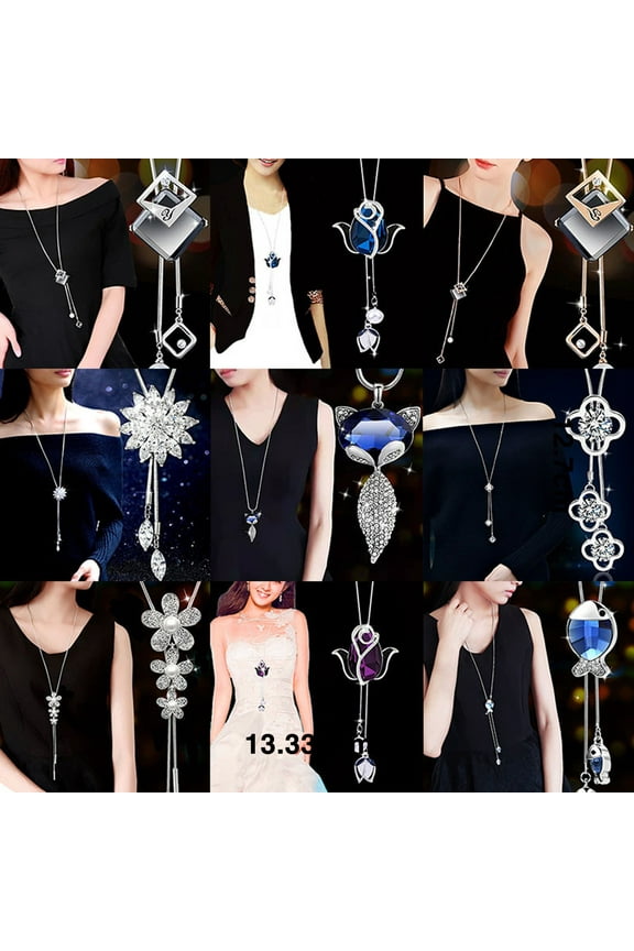 Women Necklace Shining Rhinestones Inlay Tulip/Rose Flower Swan/Bow Tassel Charms Dress-Up Multiple Styles Long Sweater Chain Party Dress Necklace Jewelry Gift