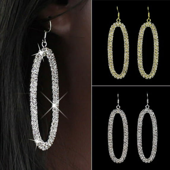 Jiaroswwei Women's Chic Bling Oval Shaped Dangle Deluxe Rhinestone Oversized Hoop Earrings