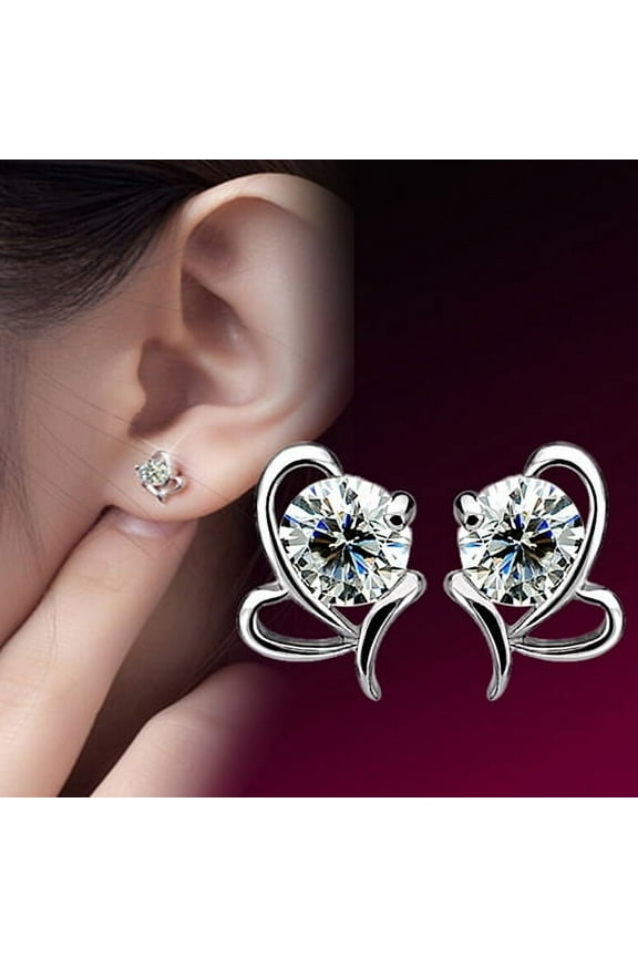 Women's Fashion 925 Sterling Silver Heart Round Zircon Ear Stud Earrings Jewelry