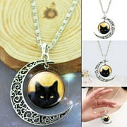 Jiaroswwei Women's Hollow Crescent Black Cat Glass Pendant Link Chain Necklace Jewelry