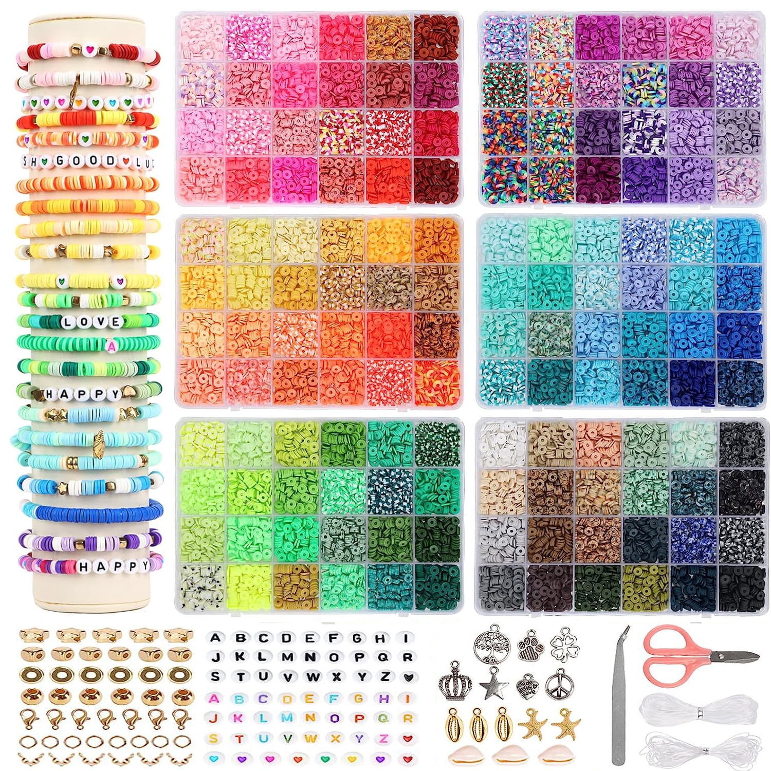 Jiaroutk 19500PCS 144 Colors Clay Beads for Bracelets Making Kit (6mm), Polymer Heishi Beads with Charms Gifts for Teen Girls Crafts for Girls Ages 8-12(Multicolor)