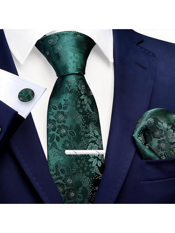 3.15"8cm Mens Floral Tie W/Hankerchief , Cufflinks, Lapel Pin for Wedding Business, green