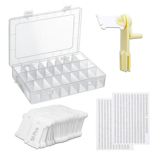 Jiaroutk Embroidery Floss Organizer, Plastic Cross Stitch Thread Storage Box Tools -Bobbin Winder, Removable 24 Compartments W/ 50 Floss Bobbins&2 Pcs Stickers for Craft DIY Embroidery Sewing Storage