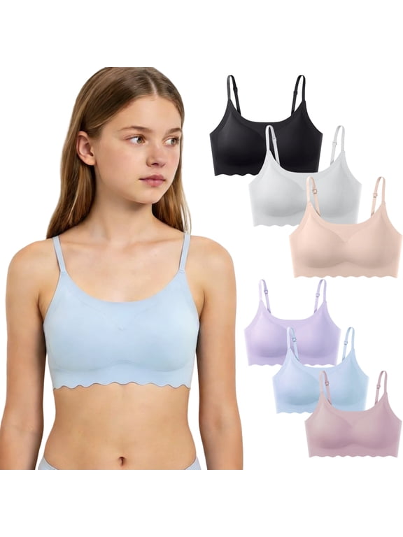 Girls Seamless Training Bras W/ Removable Padding & Adjustable Straps,First Soft Bra for for Teens 8-16( 6pack)