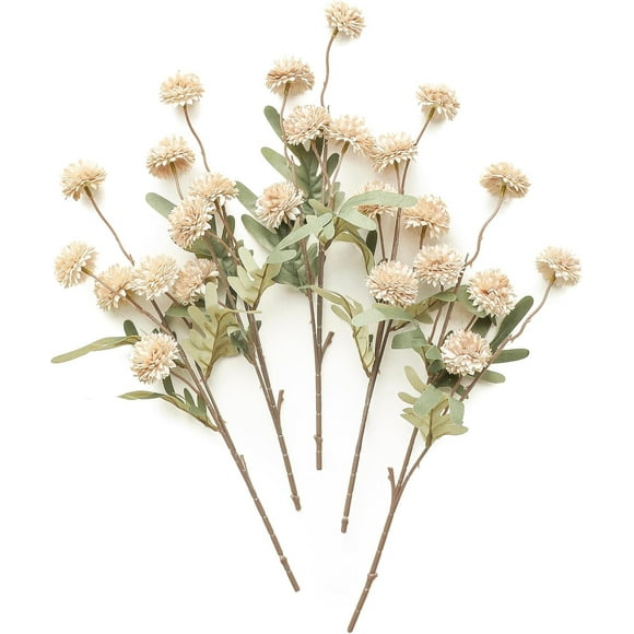 Jiaroutk Pompon Mum Artificial Flower, 5 Pcs Faux Silk Mini Chrysanth with Stems, Bulk Fake Wedding Filler Flowers for DIY Bouquet Centerpieces Arrangements Shower Decorations (Beige)