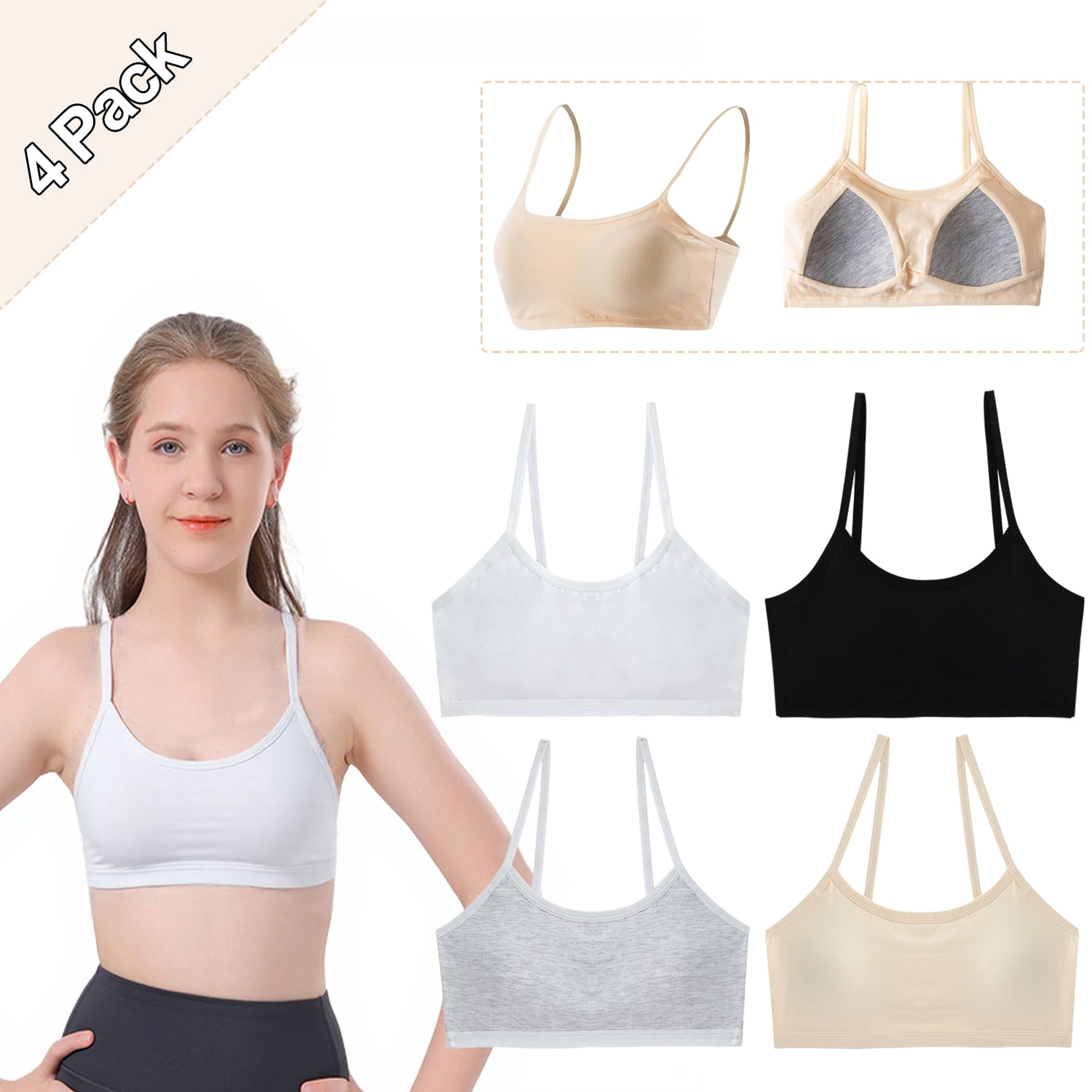 Jiaroutk, Teen Girls' Training Bra, Cotton Cami Wireless, 4 Pack