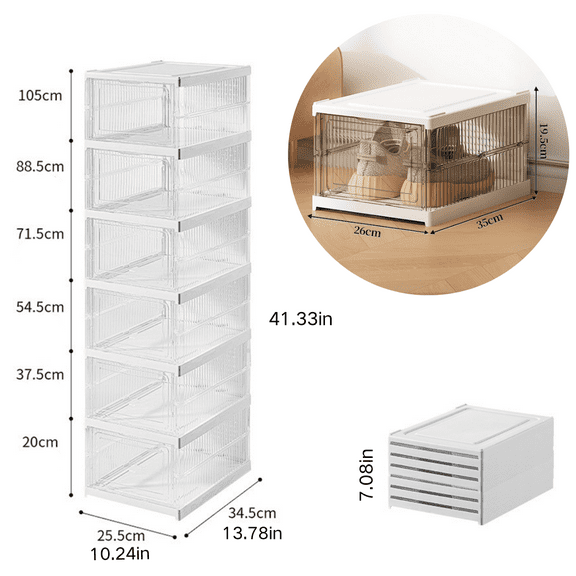 Jiarui Clear Shoe Organizer Box 6-Tier Foldable Shoe Rack, Shoe Storage Boxes, Clear Plastic Stackable Shoe Storage Organizer for Closet, Shoe Containers with lids