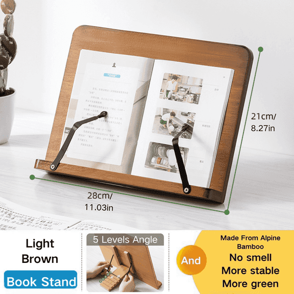 TXRUME Desk Book Stand for Reading and Cooking, 11.03"x8.27" and 5 Levels Angle Adjustable, Hands Free Foldable Cookbook Stand Book Holder for Thick Book (Brown)