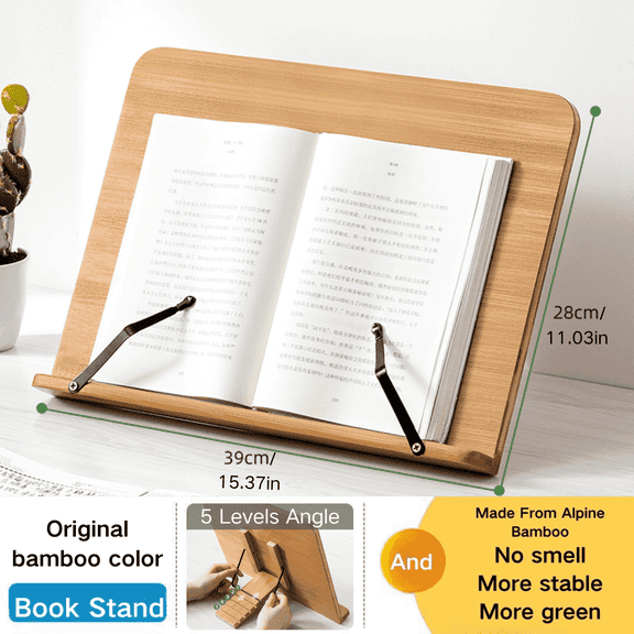 TXRUME Desk Book Stand for Reading and Cooking, 15.37"x11.03" and 5 Levels Angle Adjustable, Hands Free Foldable Cookbook Stand Book Holder for Thick Book (Yellow)