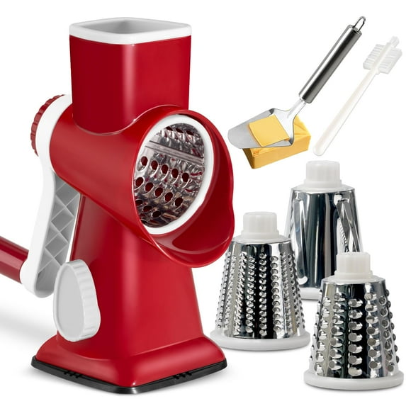 Jiarui Rotary Cheese Grater with Handle Vegetable Cheese Shredder Slicer Grater for Kitchen 3 Changeable Blades for Cheese Potato Zucchini Nuts Chocolate - Red