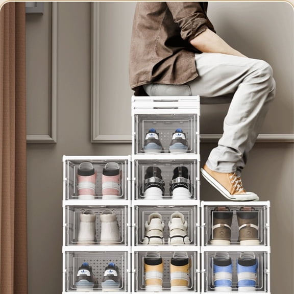 Jiarui Shoe Organizer Box 6-Tier Foldable Shoe Rack, Fit Size 12, No Assembly Stackable , Universal Shoe Storage Boxes