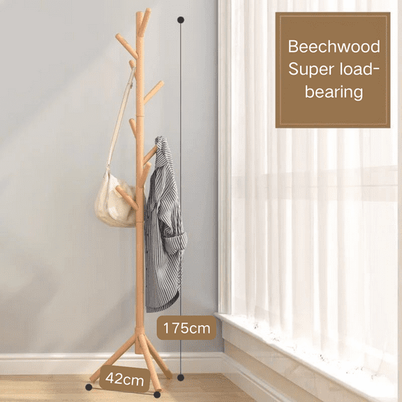 Jiarui Sturdy Wooden Coat Tree with 8 Hooks, Beechwood Coat Rack Freestanding Hanging Jackets Sweater Bag Wigs, Hat Stand Used in Bedroom/Office/Entryway, White
