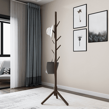 Jiarui Sturdy Wooden Coat Tree with 8 Hooks, Beechwood Coat Rack Freestanding Hanging Jackets Sweater Bag Wigs, Hat Stand Used in Bedroom/Office/Entryway, White