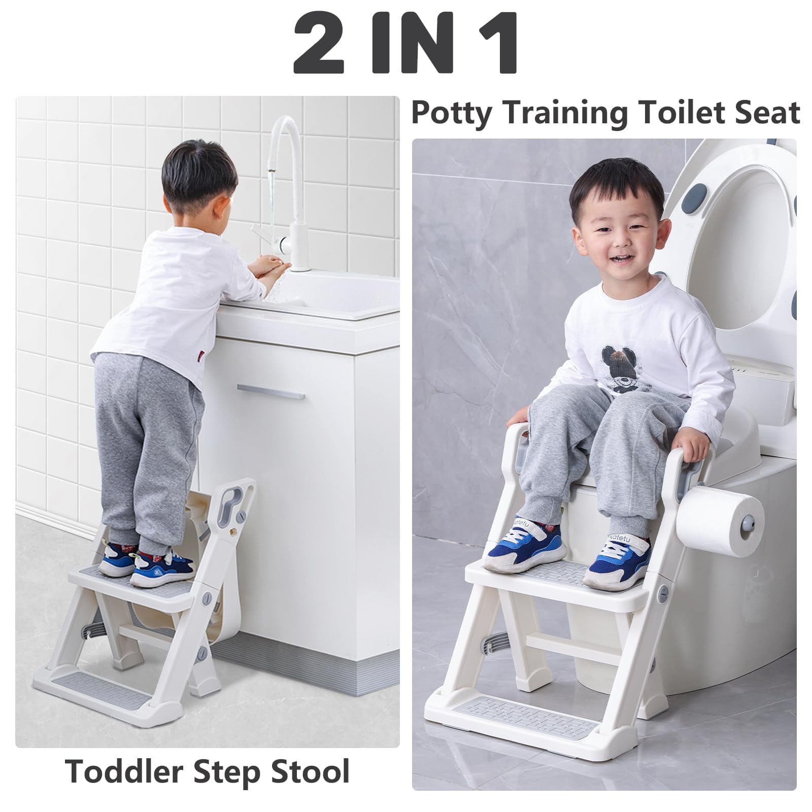 Jiarui Toilet Potty Training Seat for Kids, 2 in 1 Toddler toilet seat with Step Stool Ladder, Foldable Comfortable Safe Potty Seat with Anti-Slip Pads