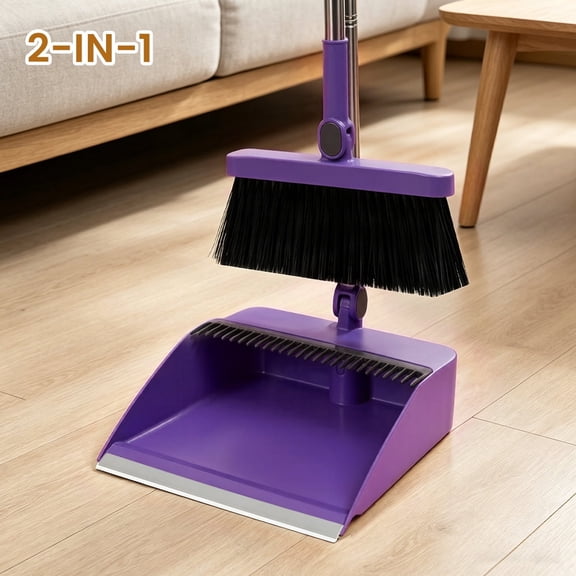 Jiasling 2-In-1 Household Broom with Dustpan Foldable Cleaning Tool Purple