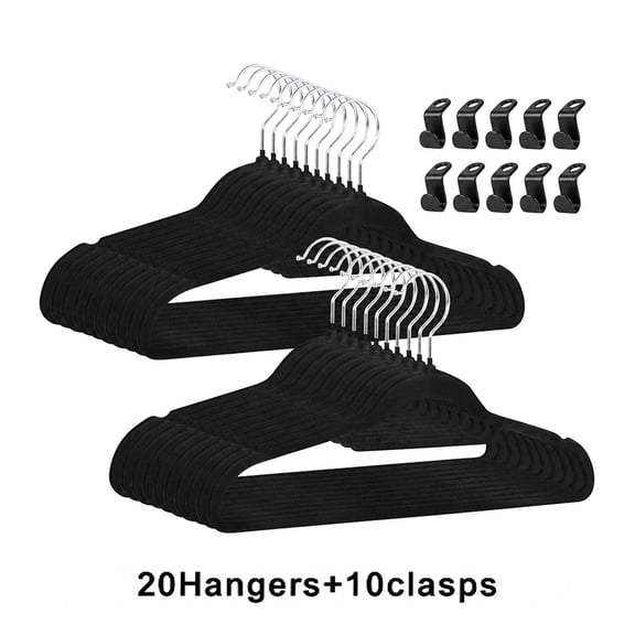 Jiasling Pack of 30 (20pcs Velvet Clothes Hangers with 10 Clasps), Heavy Duty Non-slip Felt Hangers for Coats, Pants & Dress