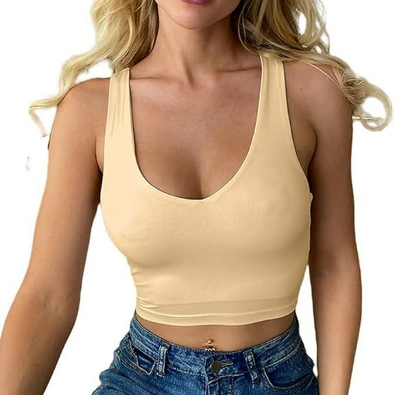 Jiaweic Bra Crop Top Women's Neck Tank Top Sleeveless Summer Slim Fit Sport Corset Basic Shirt Camisole for Fashion Lovers Khaki,L