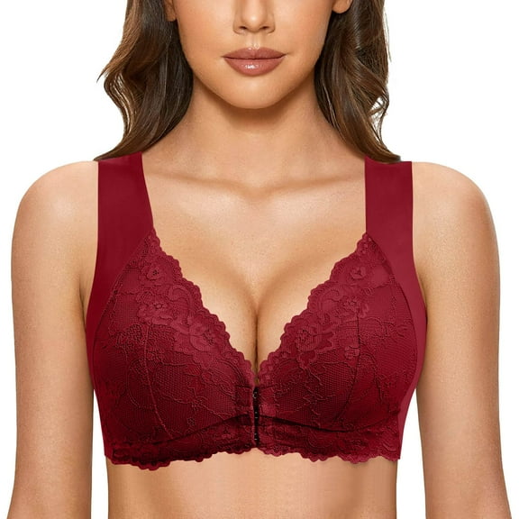 Jiaweic Womens No Steel Ring French Front Close T Back Plus Seamless Unlined Bra for Large Bust Perfectly Combines Style and Comfort Wine,M