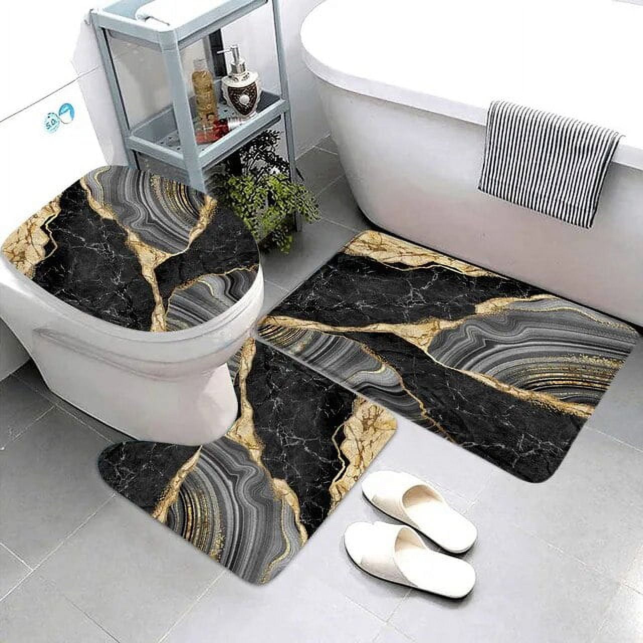 Jiayi 3pcs Sets Black Marble Bath Mats Gold Grey Lines Creative