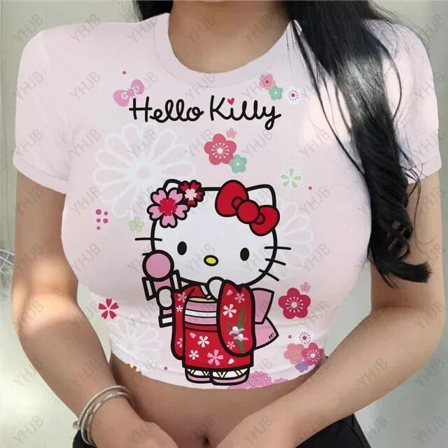 Jiayi Baby Tee Cute Pink Letter Women‘s Hello Kitty print Fairy Crop ...