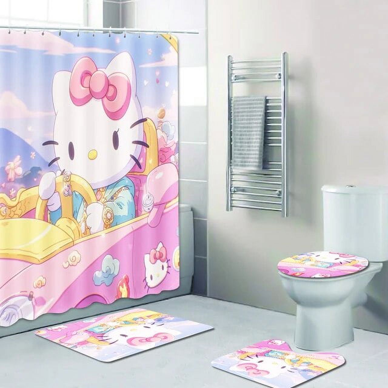Jiayi Hello Kitty Cartoon Bathroom Mats Sanrio Curtain Bath Items Decorations And Shower Sets Full Set Accessories Anime 4 Piece - image 1 of 6