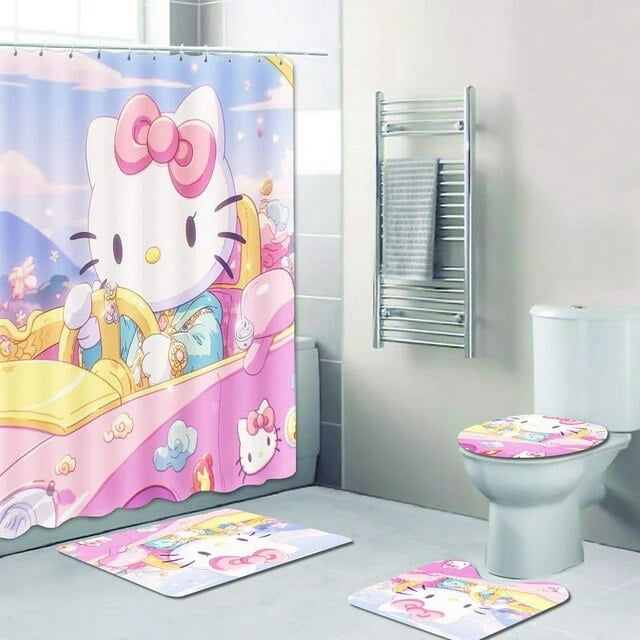 Jiayi Hello Kitty Cartoon Bathroom Mats Sanrio Curtain Bath Items Decorations And Shower Sets Full Set Accessories Anime 4 Piece