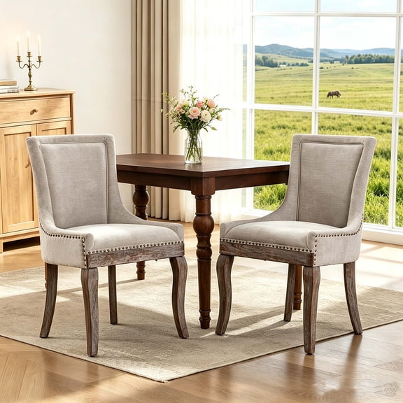 Jiayuan Song Set of 2 Fabric Dining Chairs, Upholstered High Back with Nailhead Trim & Solid Wood Legs for Dining Room Kitchen Living Room, Beige