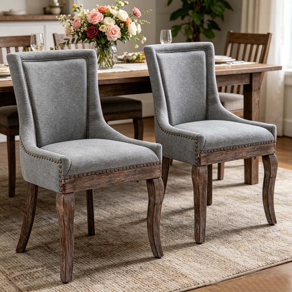 Jiayuan Song Set of 2 Fabric Dining Chairs, Upholstered High Back with Nailhead Trim & Solid Wood Legs for Dining Room Kitchen Living Room, Gray