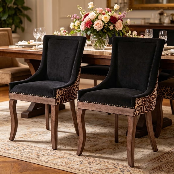 Jiayuan Song Set of 2 Fabric Dining Chairs, Upholstered High Back with Nailhead Trim & Solid Wood Legs for Dining Room Kitchen Living Room, Leopard