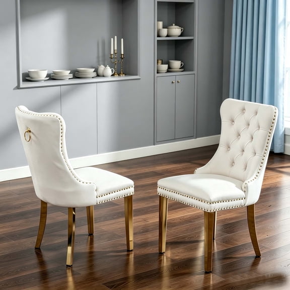 Jiayuan Song Velvet Tufted Dining Chairs Set of 2, Beige with Gold Legs Nailhead Trim Glam Side Chairs