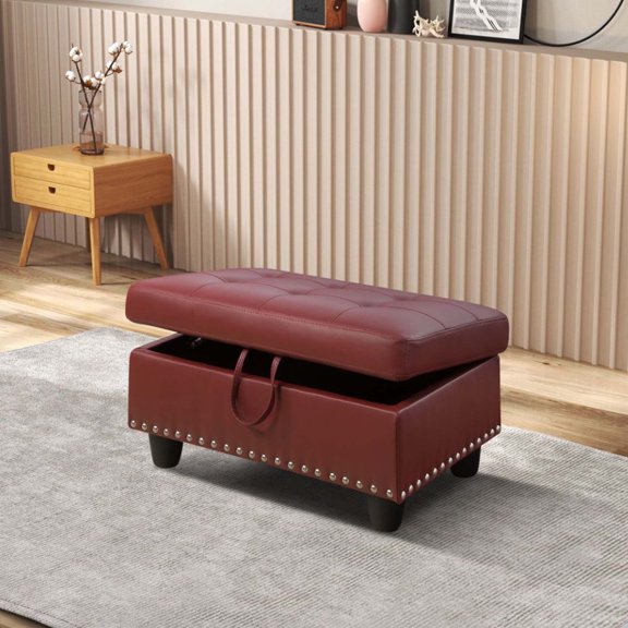 Jiayuan song Modern Red Faux Leather Rectangular Storage Ottoman Large 1-Pack