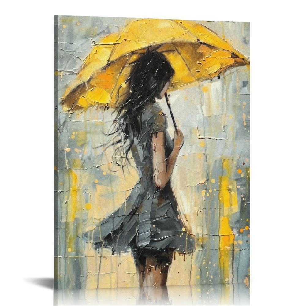 Jiayy Abstract Women Canvas Wall Art Girl with Yellow Umbrella in