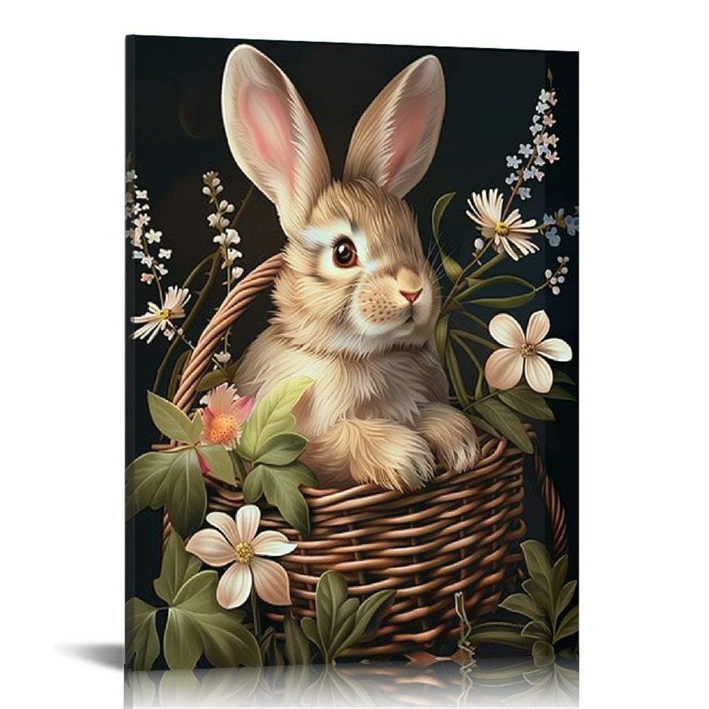Jiayy Animal Canvas Art, Rabbit Is Sitting In Basket Of Wild Flowers Picture, Decoration Easter Poster Watercolor Painting Farmhouse Canvas Wall Art Bedroom Home Living Room