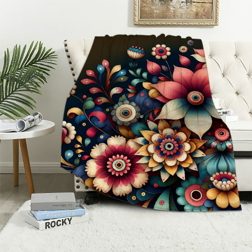 Jiayy Bohemian Fall Floral Plush Bed Blanket Throw Retro Throw Blanket Boho Eyes Hippie Sherpa