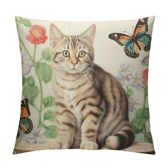 Jiayy Cat Pillow Covers Butterfly Lovely Cartoon Pattern Beige Background Throw Pillowcase for Home Decor