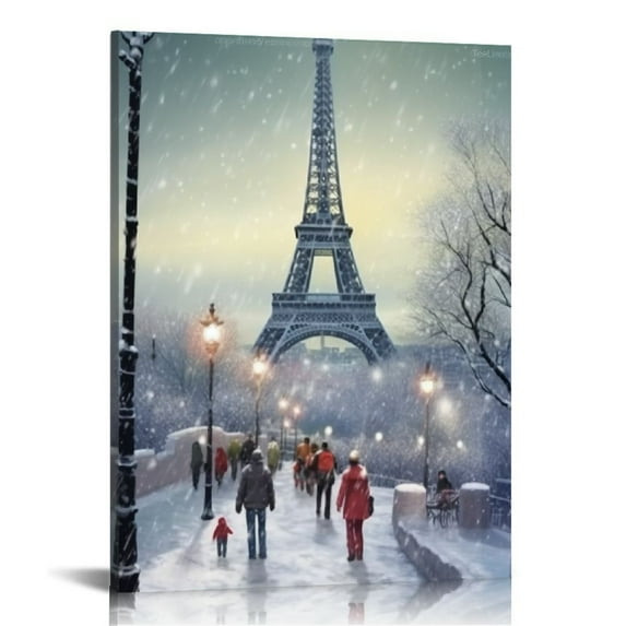 Jiayy Christmas Canvas Wall Art, Christmas Tree Poster Pictures for Wall Decoration, Couple Spending Christmas Under the Paris Tower Prints Picture, Winter Painting Framed Artwork for Room Decor